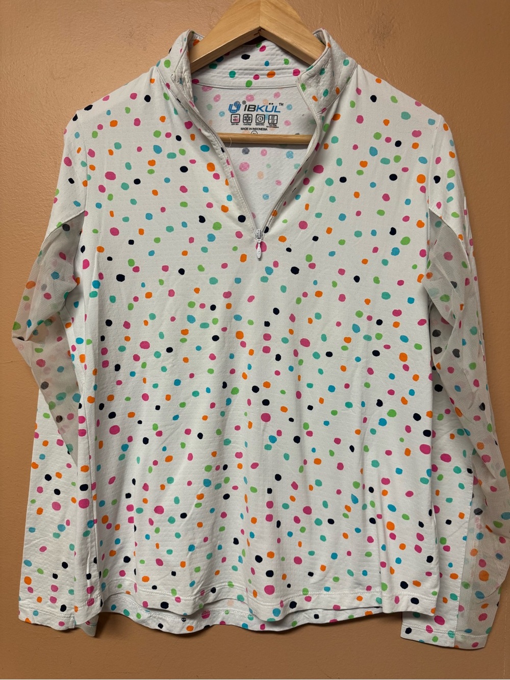 IBKUL White Long Sleeve Polo with Multicolor Polka Dots Medium